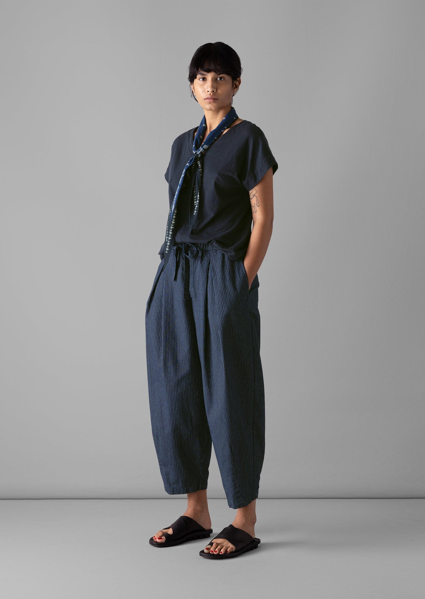 Bronwen Stripe Cotton Trousers | Navy/Ecru