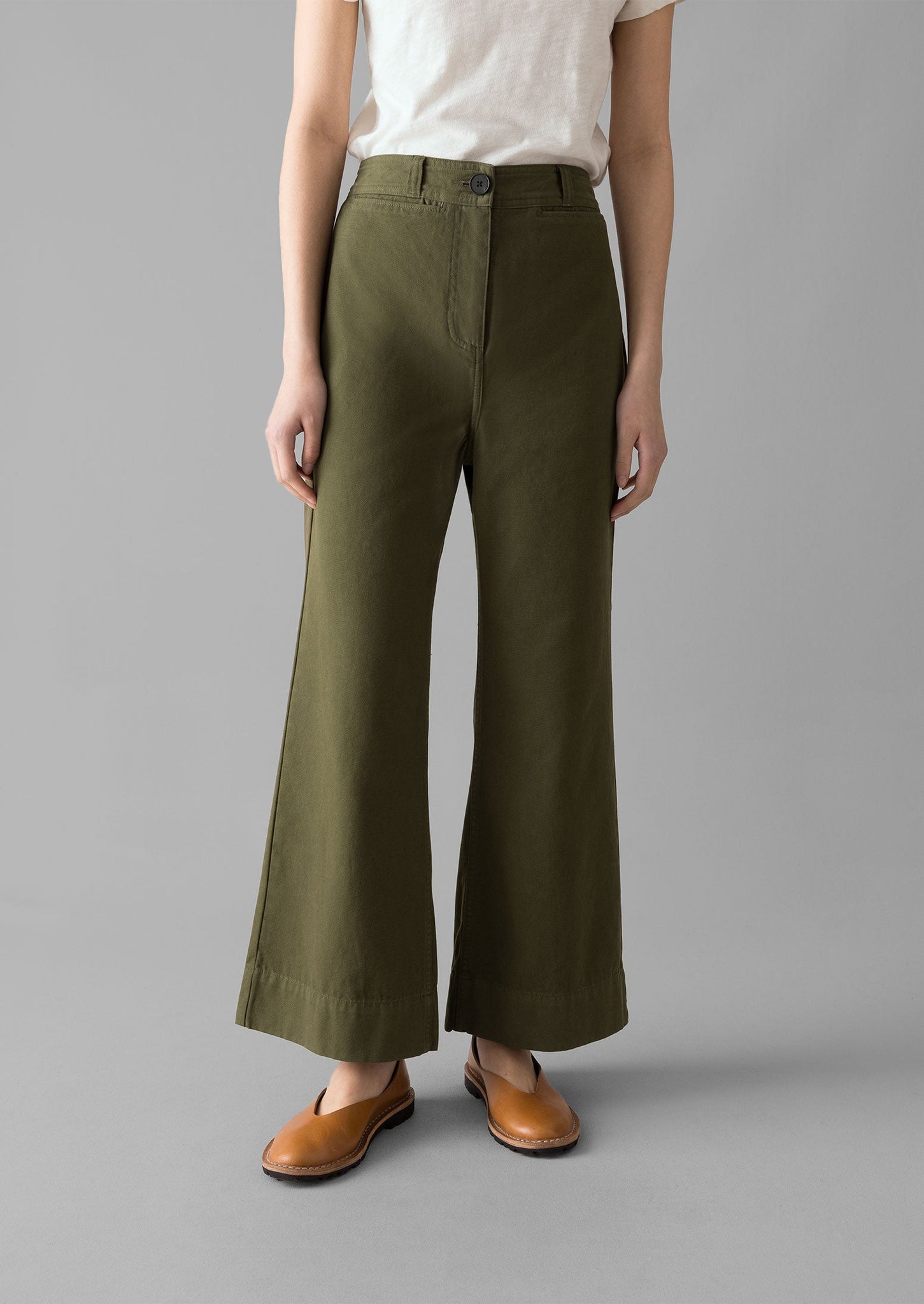 Cotton Canvas Kick Flare Trousers | Seaweed