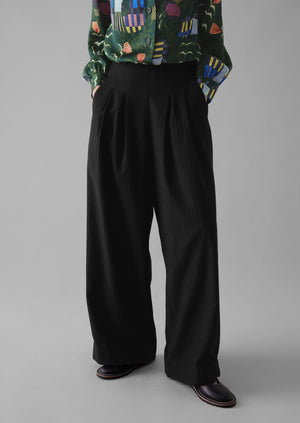 Corinne Wool Cotton Herringbone Wide Leg Trousers | Black