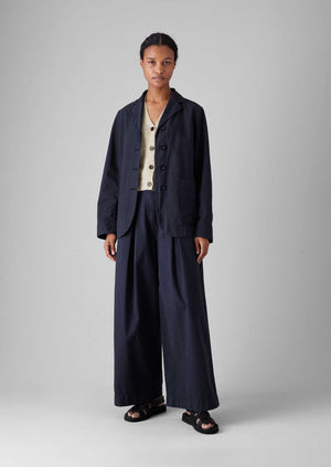 Belted Cotton Linen Poplin Wide Leg Trousers | Raven Blue