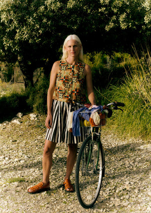 Wave Stripe Block Print Cotton Shorts | Ecru/Chocolate