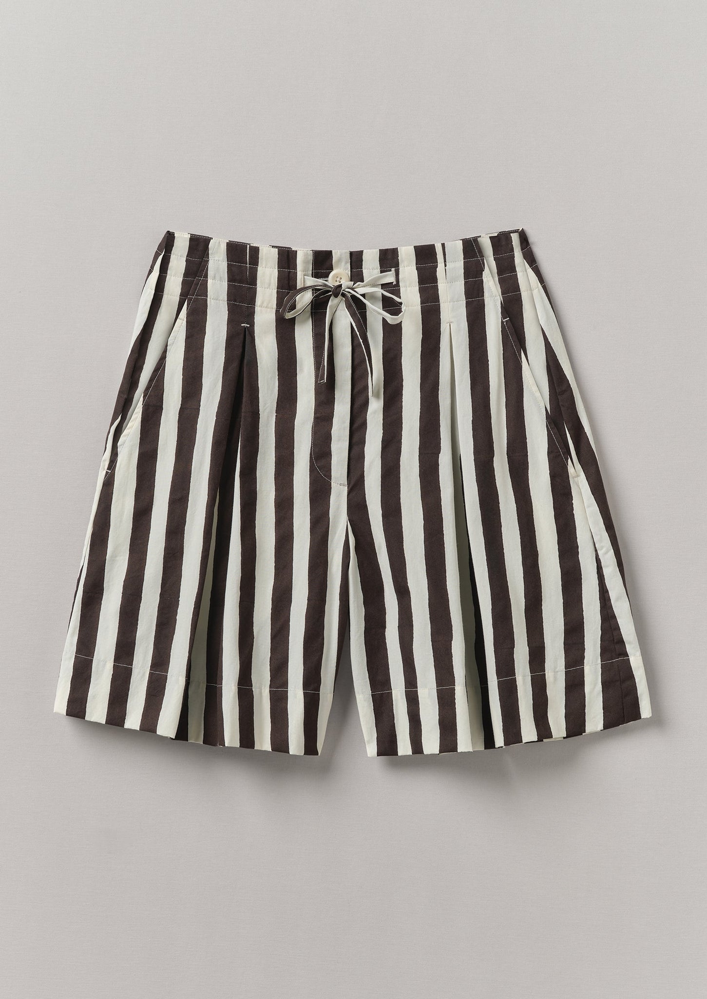 Wave Stripe Block Print Cotton Shorts | Ecru/Chocolate