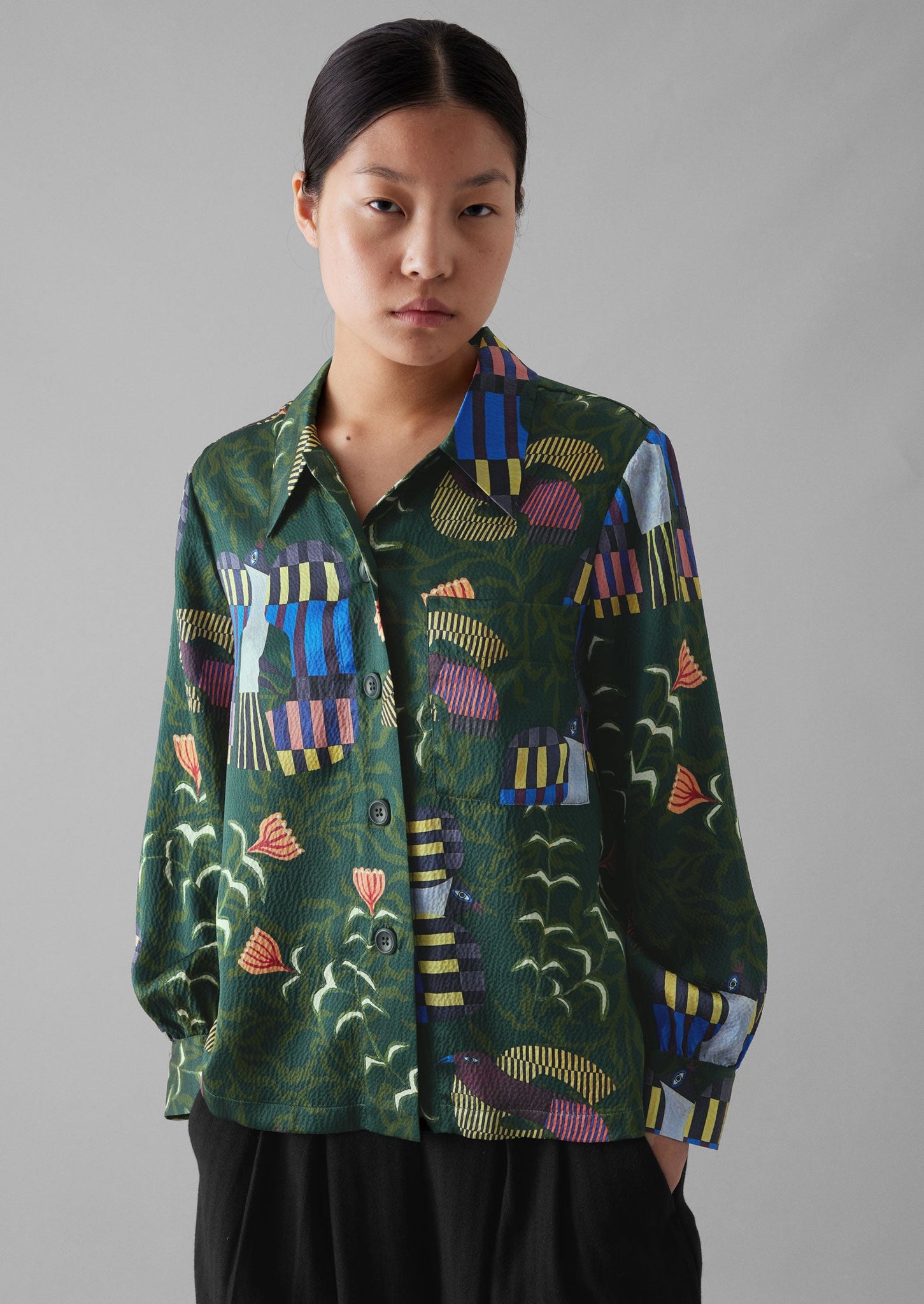 Isobel Harvey Birds Print Baya Shirt | Oil Green