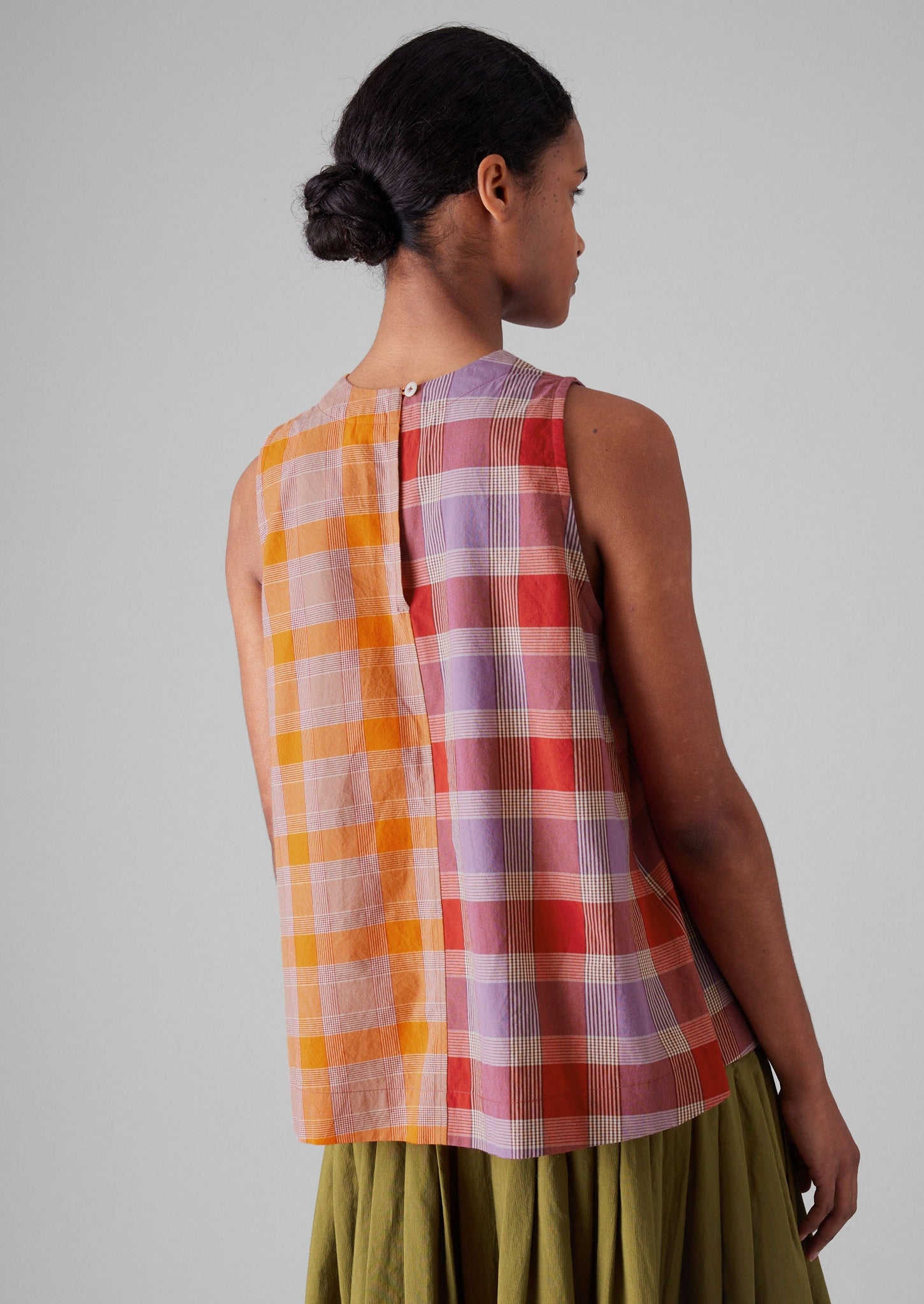 Tie Front Panelled Check Cotton Top | Bright Red/Wisteria