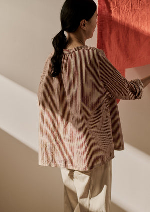 Stripe Cotton Gathered Smock Top | Brick/Ecru