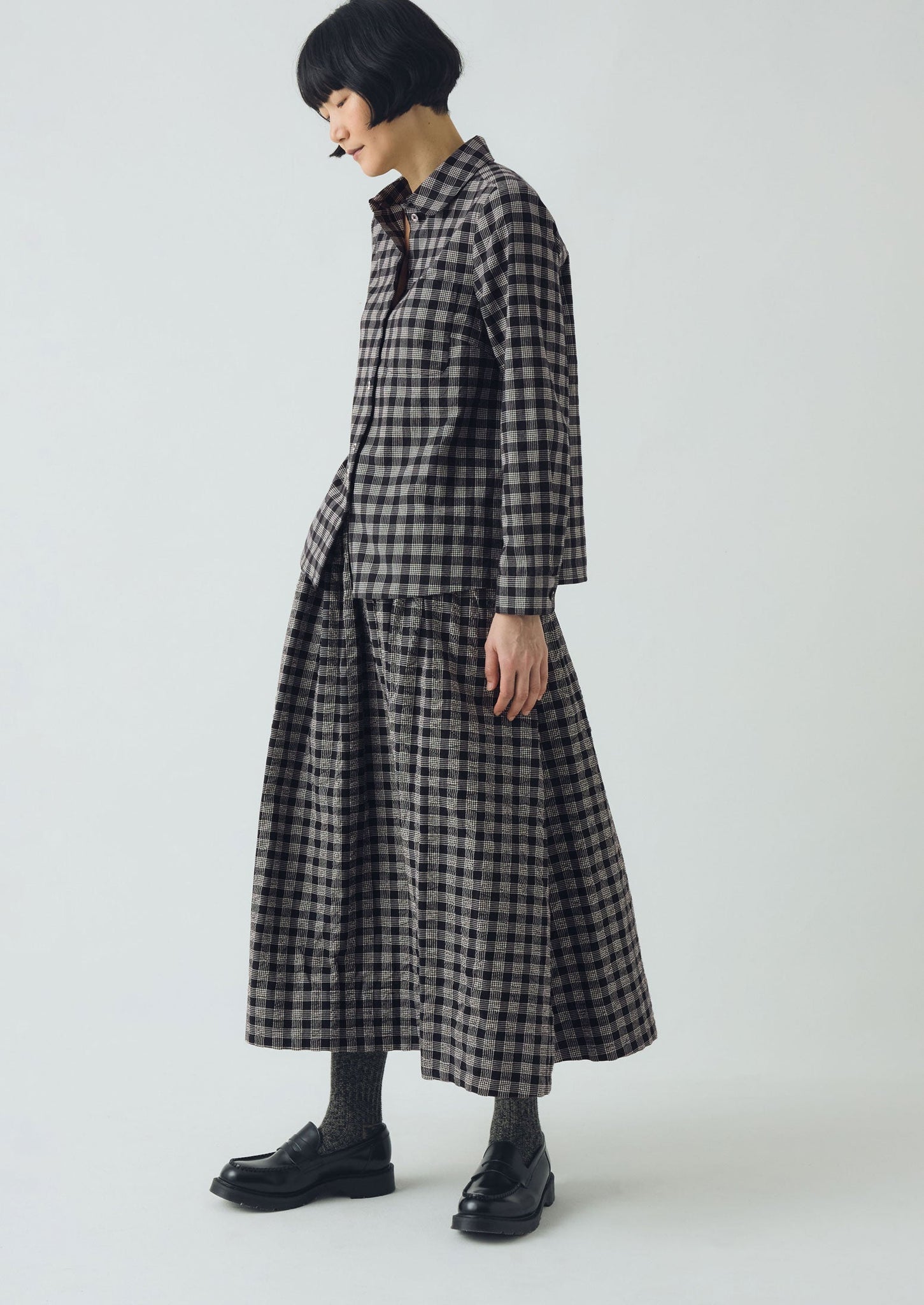 Ollie Binding Check Cotton Seersucker Shirt | Black/Ecru