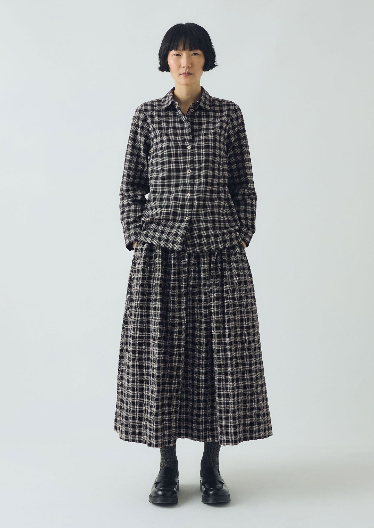 Ollie Binding Check Cotton Seersucker Shirt | Black/Ecru