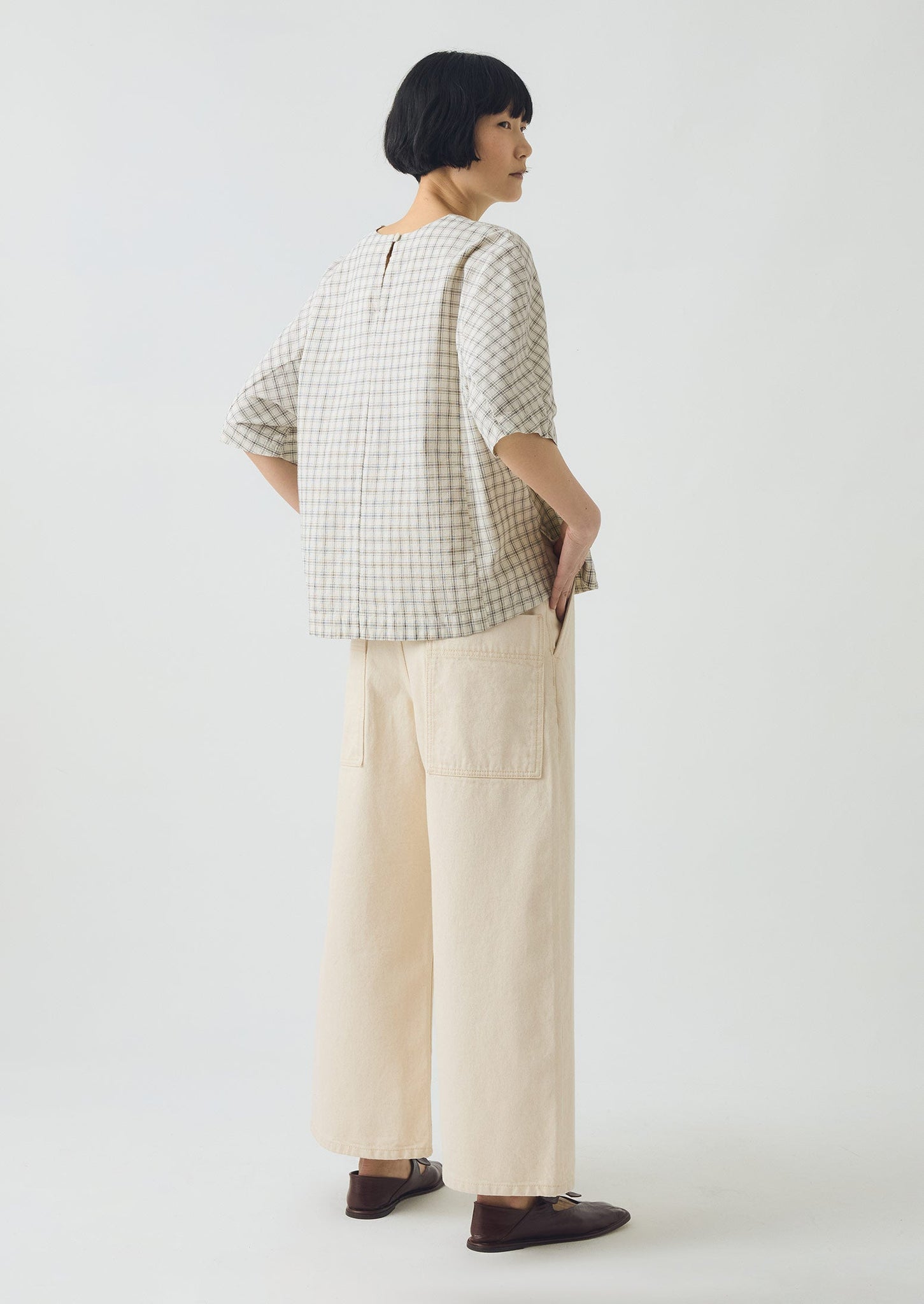 Cotton Window Pane Check V Neck Top | Ecru/Slate