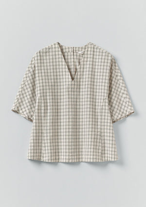 Cotton Window Pane Check V Neck Top | Ecru/Slate