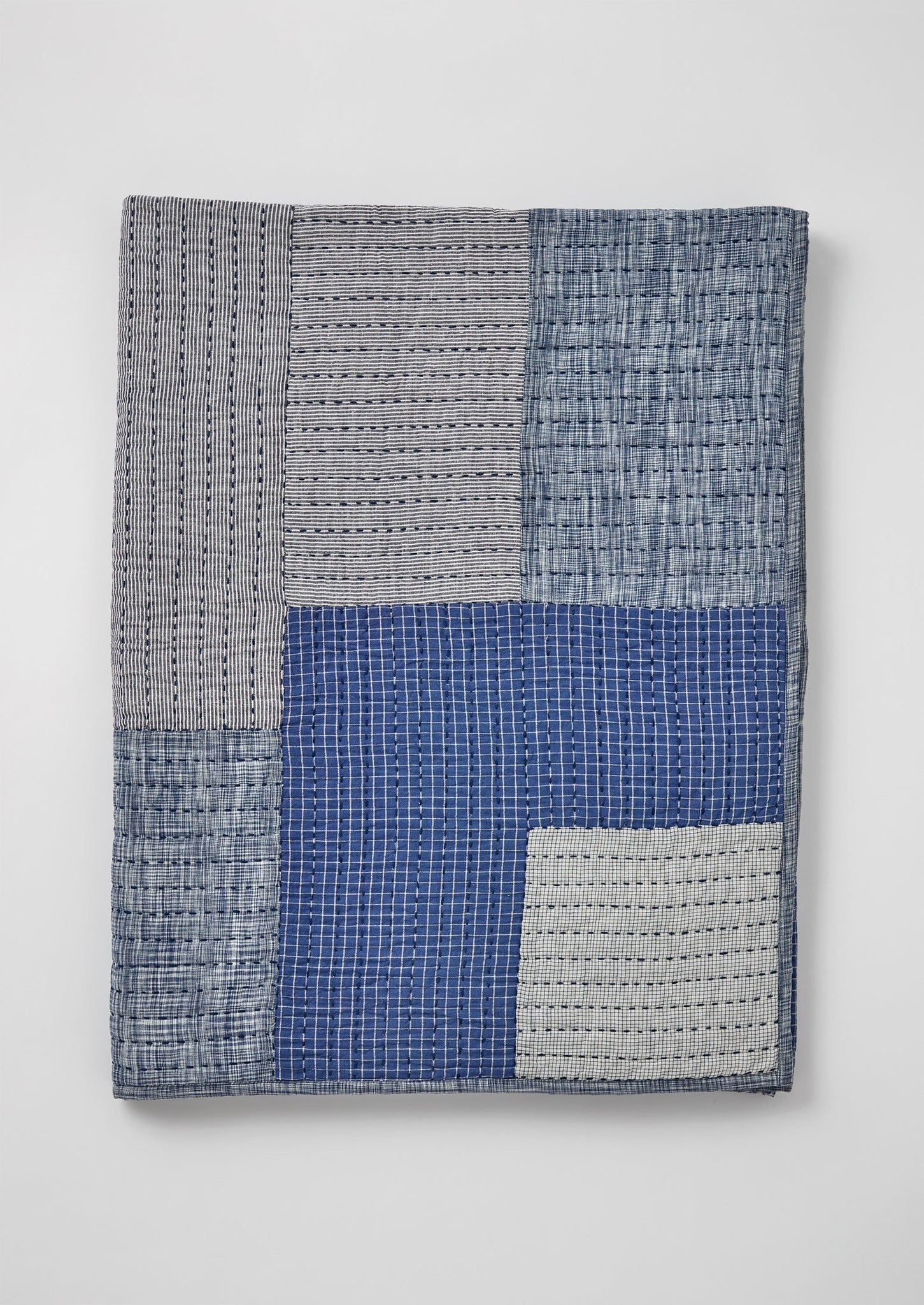 Hand Woven Check Patchwork Quilt | Mixed Blues