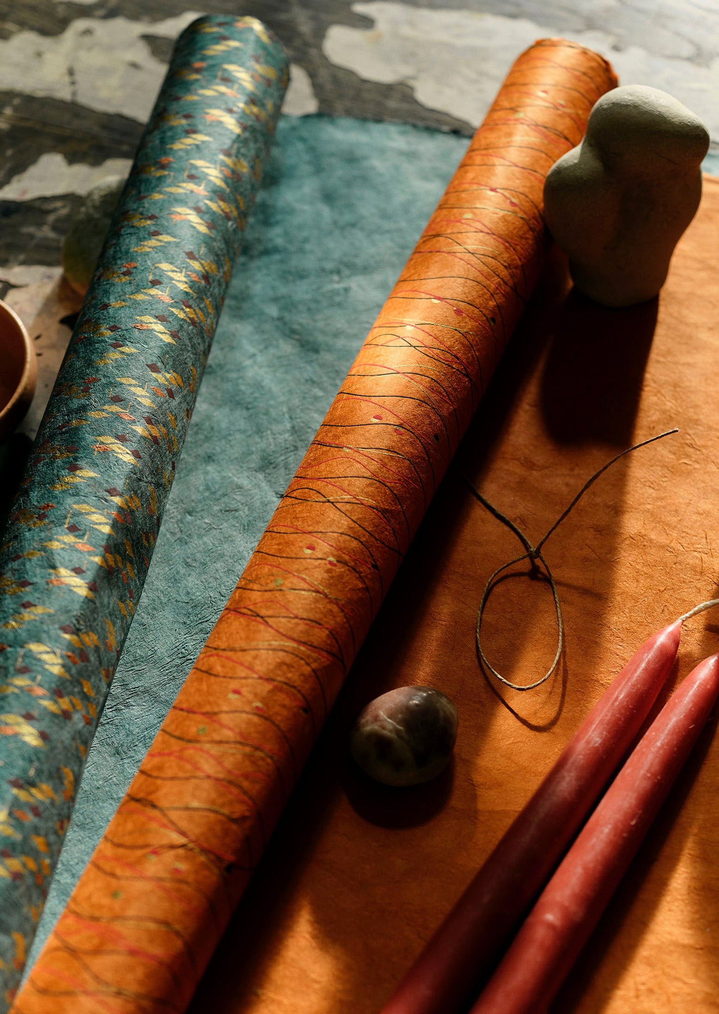 Lantern Print Lokta Wrapping Paper | Petrol Blue/Gold