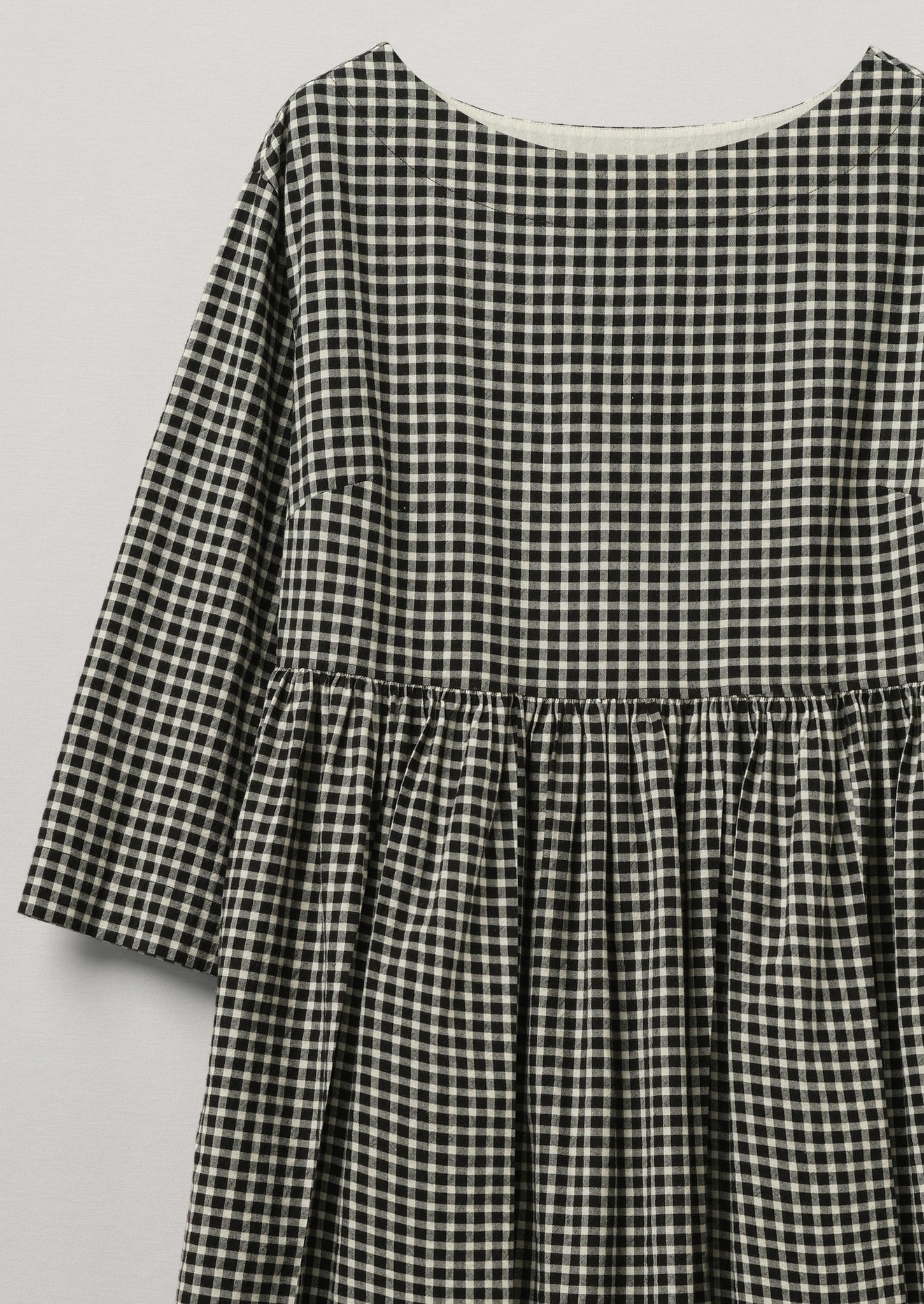 Boat Neck Cotton Gingham Dress | Charcoal/Natural