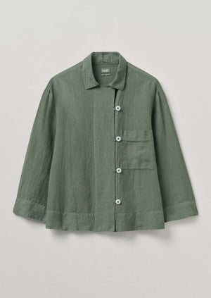 Open Collar Garment Dyed Linen Shirt | Sage