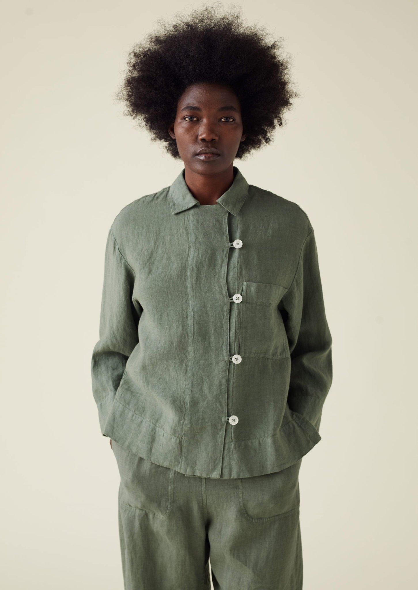 Open Collar Garment Dyed Linen Shirt | Sage