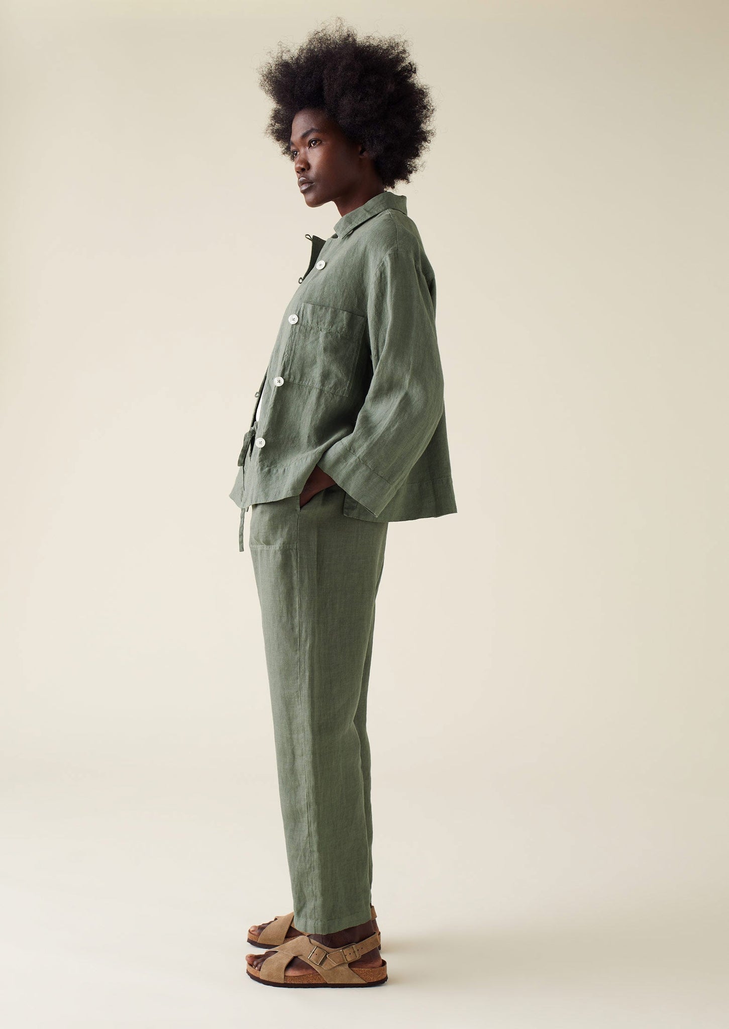 Open Collar Garment Dyed Linen Shirt | Sage
