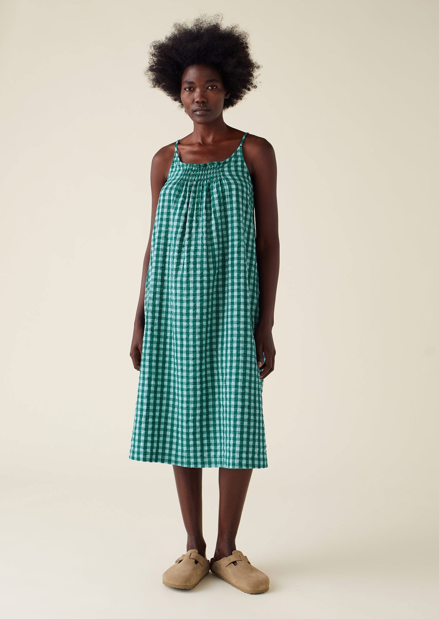 Gingham Cotton Seersucker Nightdress | Sea Green