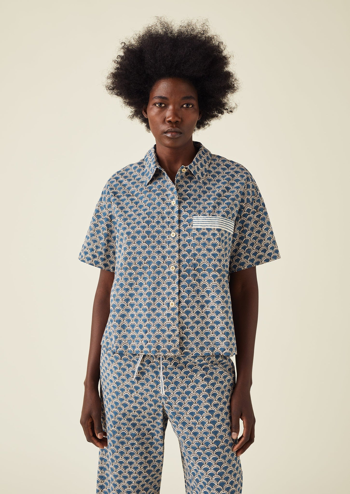 Hiko Block Print Cotton Pyjama Top | Blue