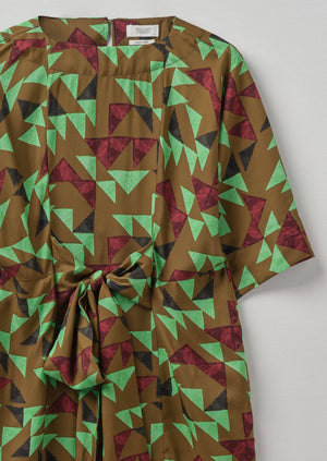 Tie Waist Geometric Print Dress | Olive Green