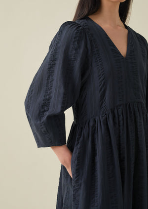 Maya Stripe Cotton Seersucker Dress | Navy Blue