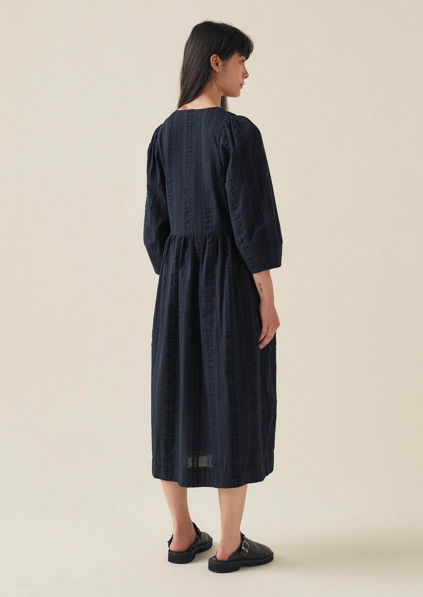 Maya Stripe Cotton Seersucker Dress | Navy Blue