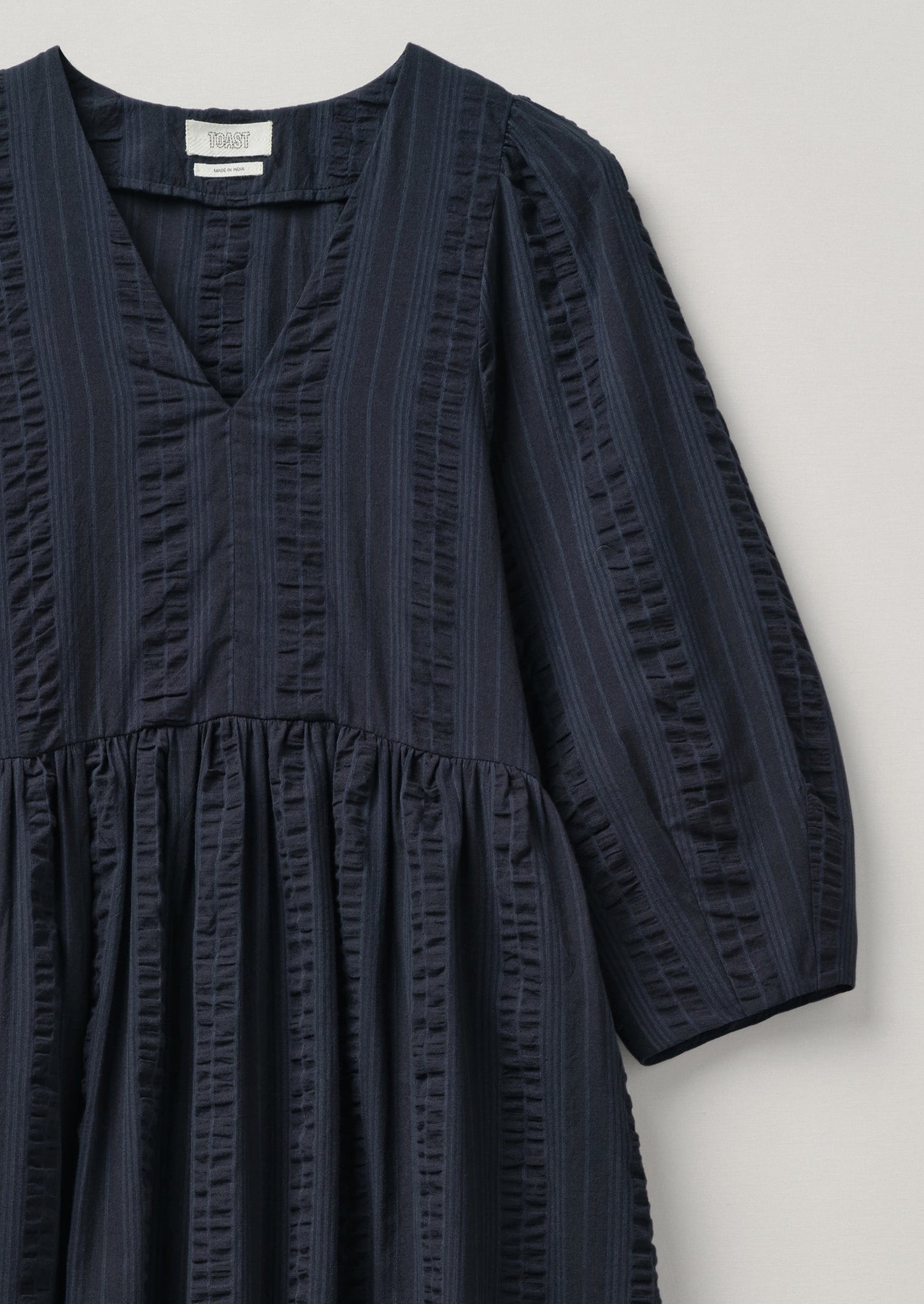 Maya Stripe Cotton Seersucker Dress | Navy Blue
