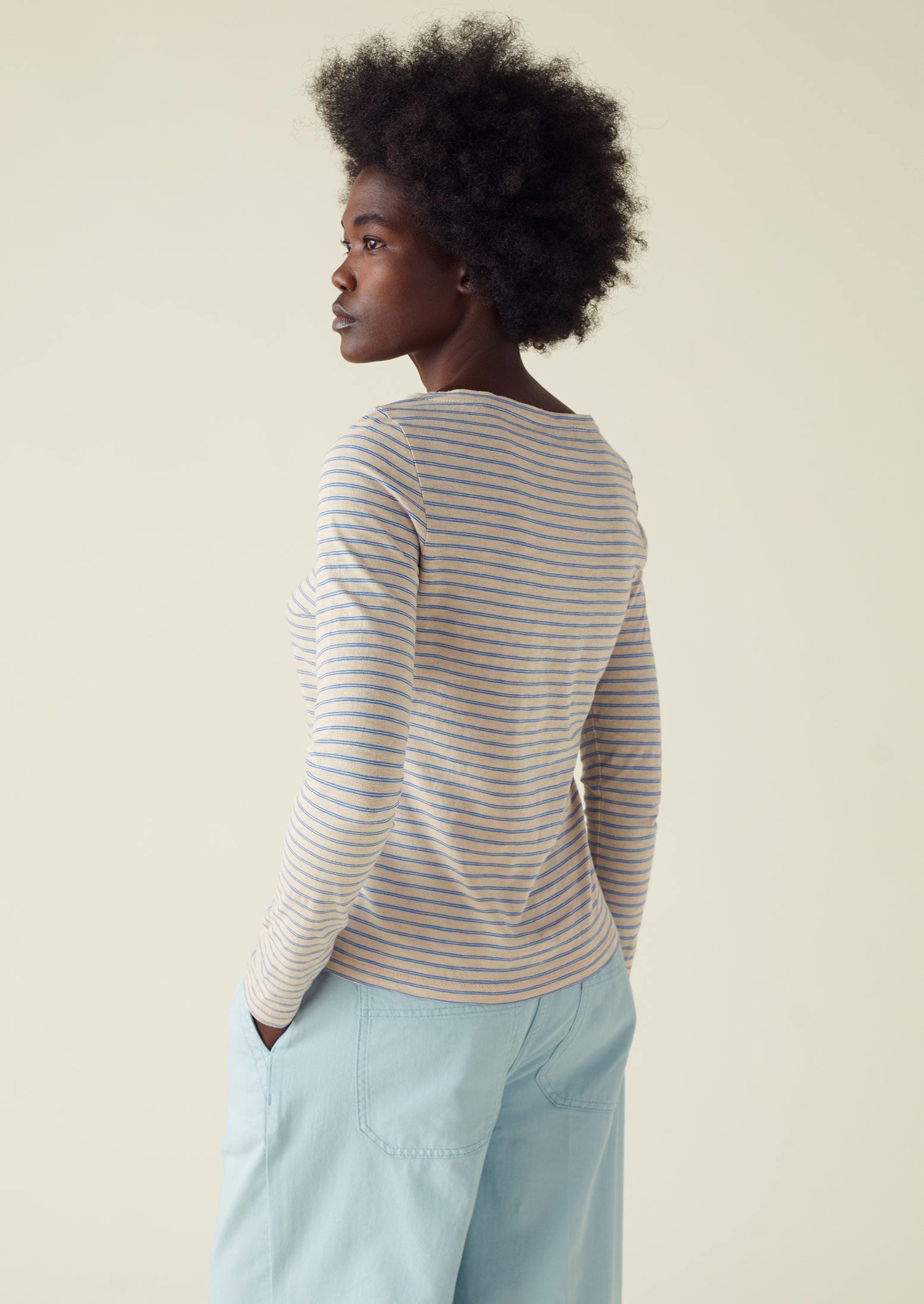 Boat Neck Organic Cotton Long Sleeve Tee | Ecru/Celtic Blue