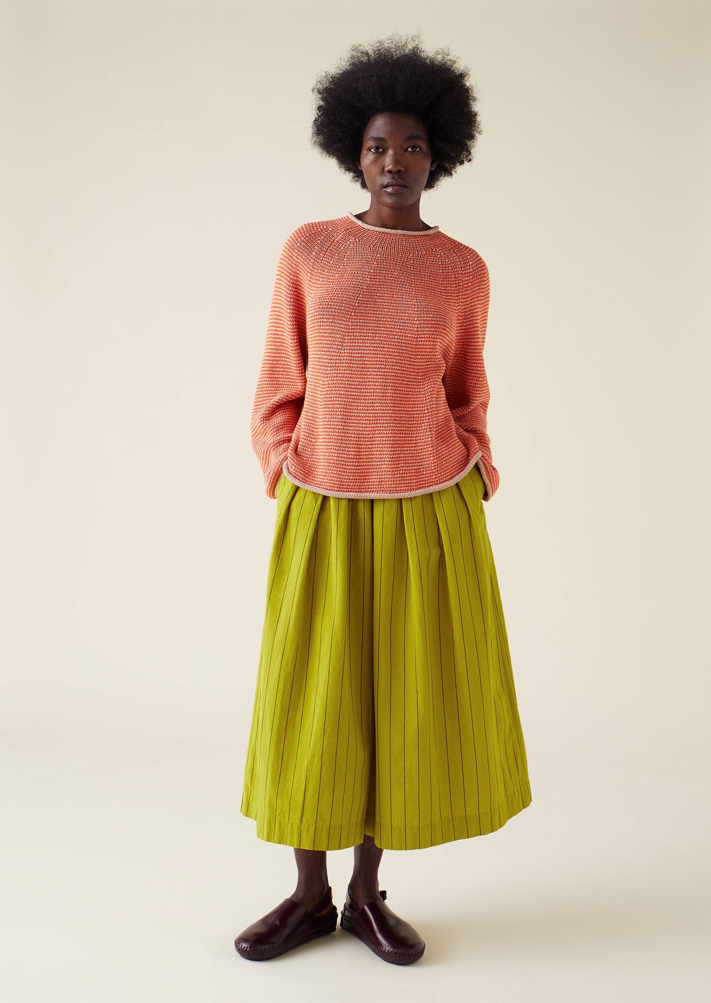 Stripe Linen Cotton Sweater | Orange/Ecru