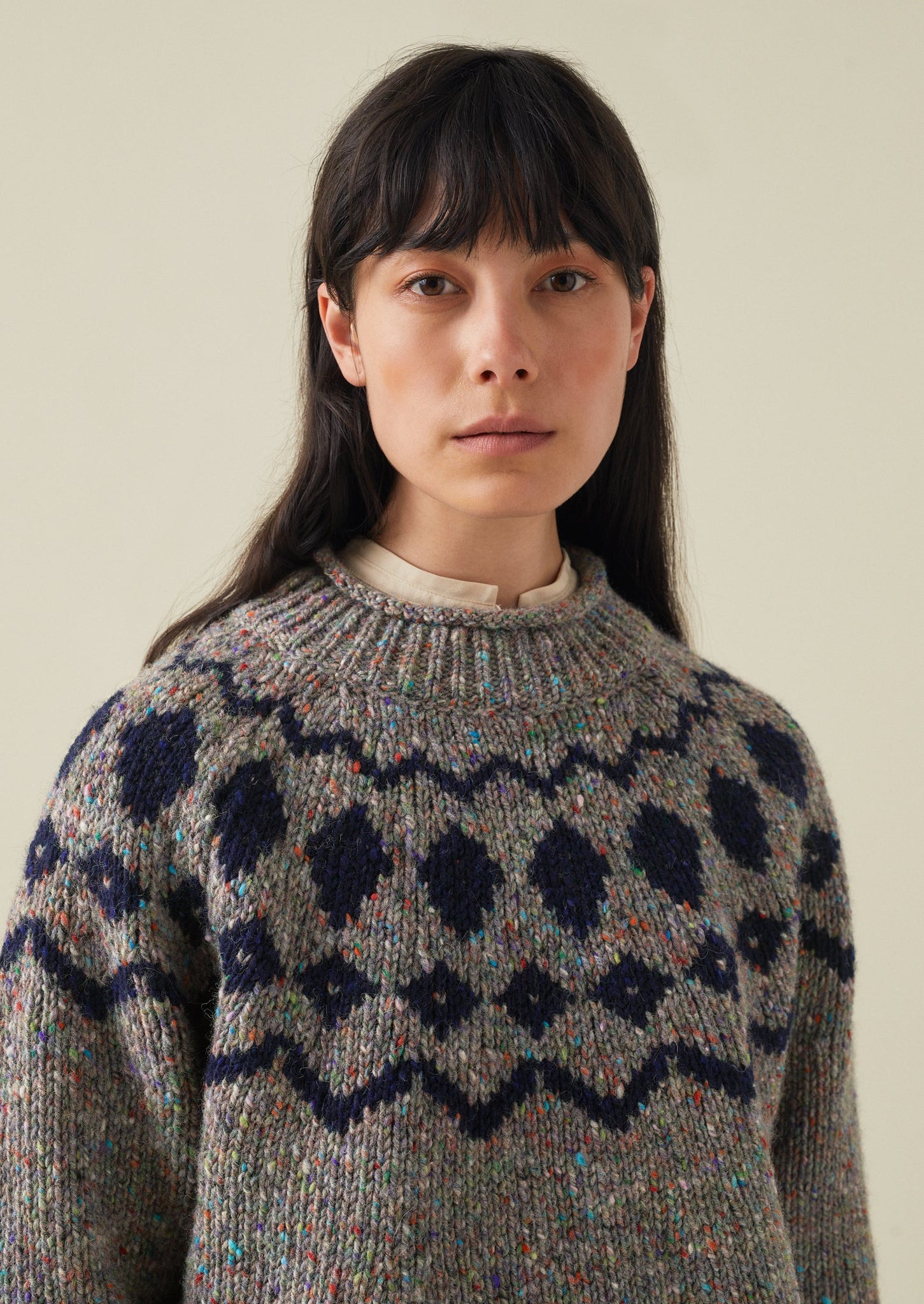 Graphic Yoke Donegal Sweater | Fossil Grey/Navy