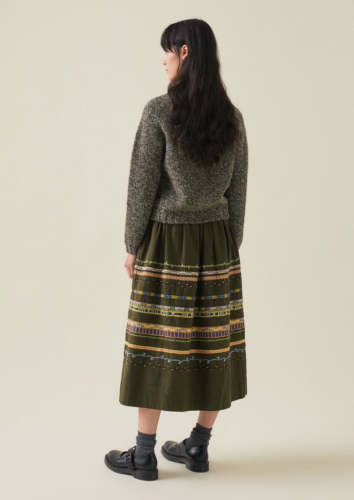 Embroidered Textured Cotton Skirt | Tent Green