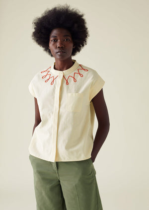 Embroidered Textured Cotton Shirt | Ecru/Red
